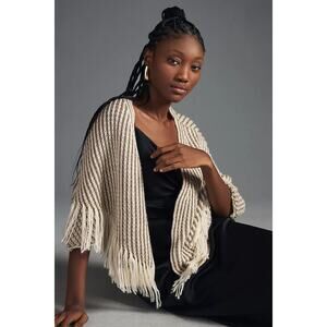 By Anthropologie Metallic Fringe Cardigan Sweater Poncho Shrug Wrap Ivory OS